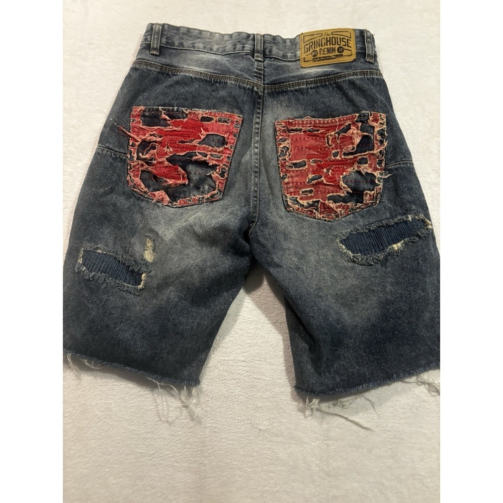 Grindhouse Mens 34 Distressed Y2K Grunge Denim Shorts Cutoff Patchwork Raw Hem